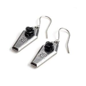 RIP Coffin Earrings – Alchemy Gothic Black Rose Drop w/ Cross & Coffin Detail